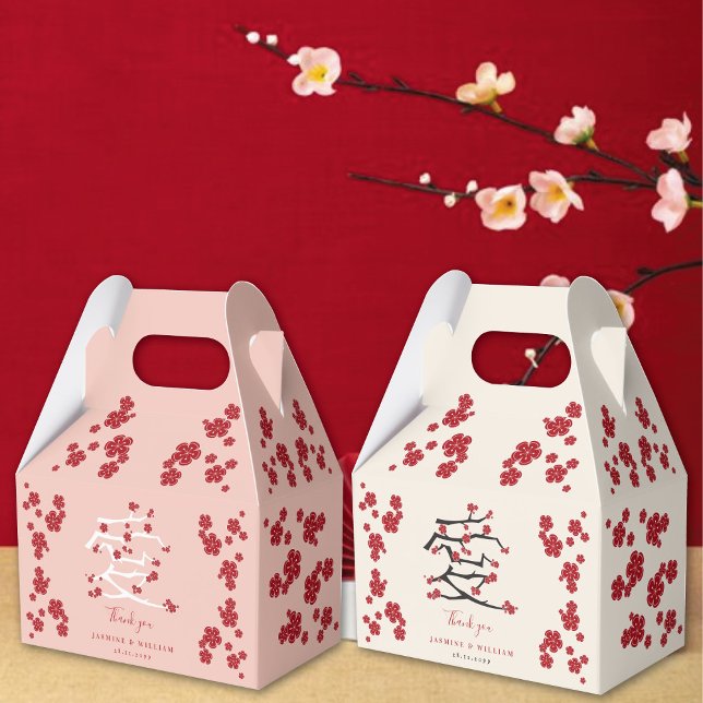 Ballotins Fête de fiançailles chinoise sous les cerisiers en (Chinese 'Ai' Love Red/Pink Cherry Blossoms Engagement/Wedding Party Favor Boxes @ fatfatin_red_knot)
