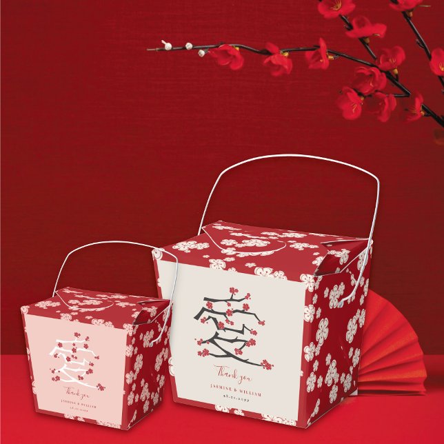 Ballotins Fête de fiançailles sous les fleurs de cerisier ro (Chinese 'Ai' Love Red/Pink Cherry Blossoms Engagement/Wedding Party Favor Boxes @ fatfatin_red_knot)