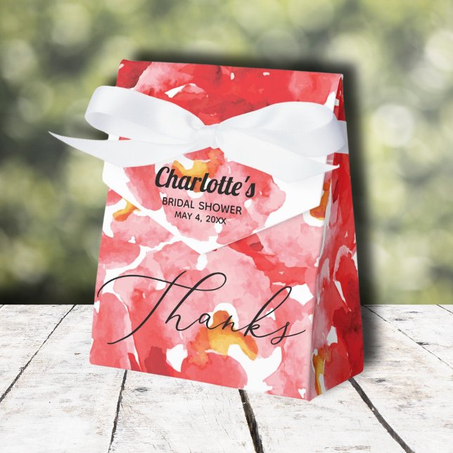 Ballotins Fête des mariées Chic Red Roses (Red roses floral bridal shower tent-style ribbon closure favor boxes)