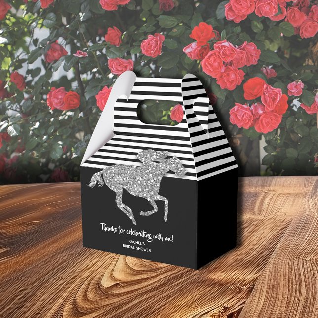 Ballotins Fête des mariées Derby de l'hippocampe argenté (Silver racehorse gable-style favor box with  thank you on the front, 4"w x 2.5"l x 5"h)