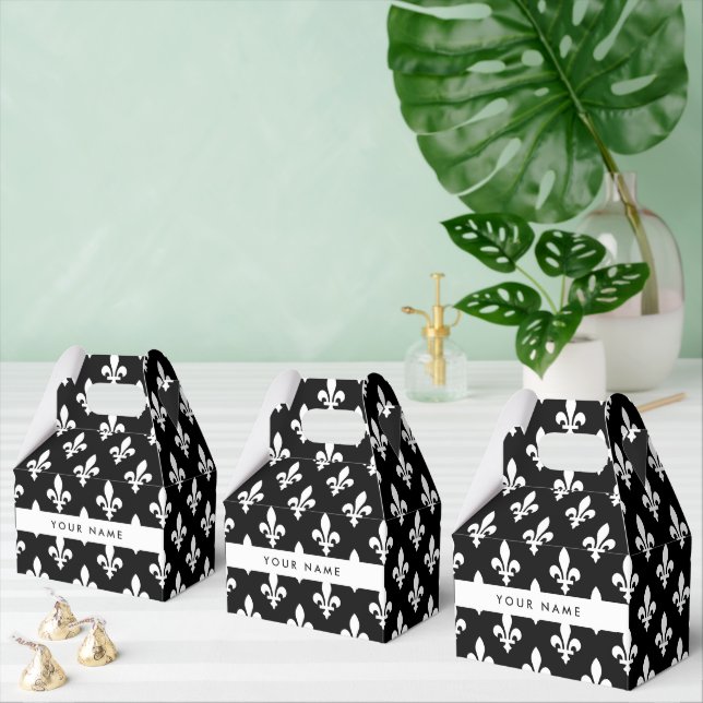 Ballotins Fleur de Lis, Blanc sur Noir, Blanc, Votre Nom (Multiple)