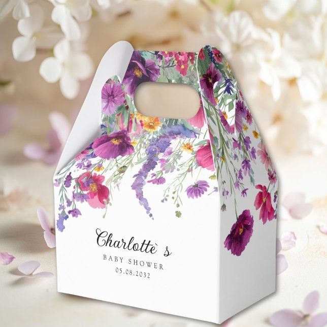 Ballotins Fleur sauvage, Baby shower à fleurs violettes (Wildflower, Purple-Pink-Flower Baby Shower Favor Boxes with your Name & Date. For Baby Girl & Boy.)