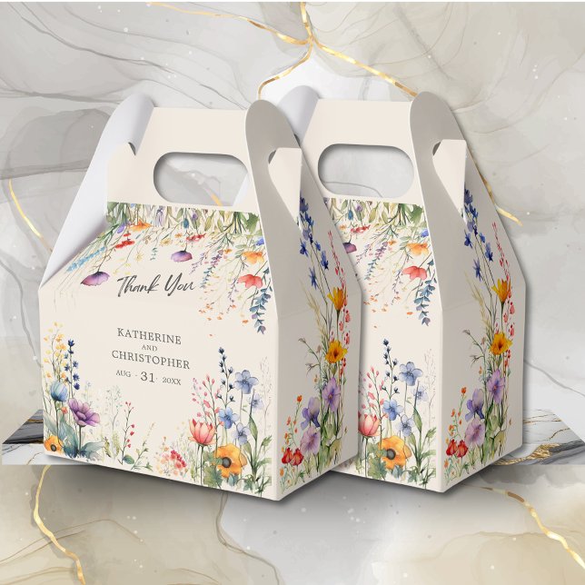 Ballotins Fleur sauvage coloré Elégant Beige Grand Mariage (Colorful Wildflowers Wedding Favor Thank You Gift Box with purple, orange, red flowers, wedding info)