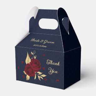 Ballotins fleurs bordeaux feuilles dorées mariage bleu marin