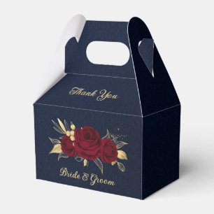 Ballotins fleurs bordeaux feuilles dorées mariage bleu marin