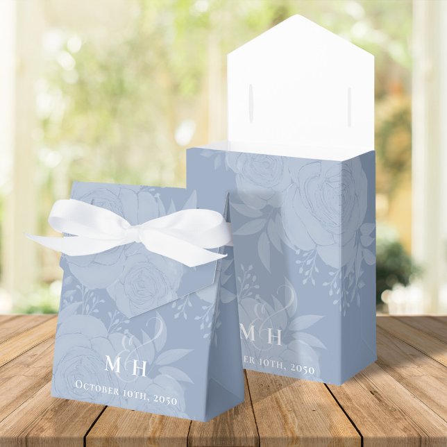 Ballotins Fleurs de mariage Botanique Bleu Typographie (Elegant wedding favor box with ribbon and calligraphy script monogram ampersand. )