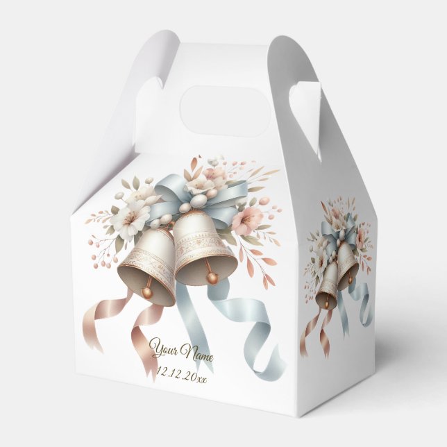 Ballotins Fleurs de mariage cloches Rubans bleu rose Beau (Verso)