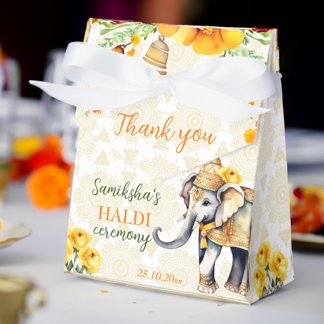 Ballotins Fleurs jaunes d'éléphants mariages haldi en Inde (Haldi Indian wedding cute decorated elephant yellow flowers favors personalized  Favor Box)