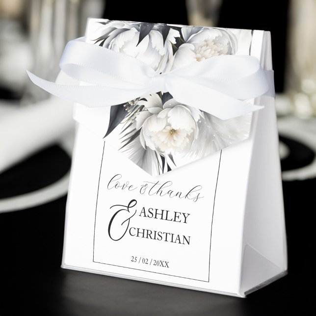 Ballotins Fleurs noires et blanches modèle mariage (Black and white boho flowers wedding template favor box white peonies personalized favor box)