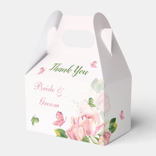 Ballotins fleurs roses chaudes vert feuille papillons mariag (Verso)