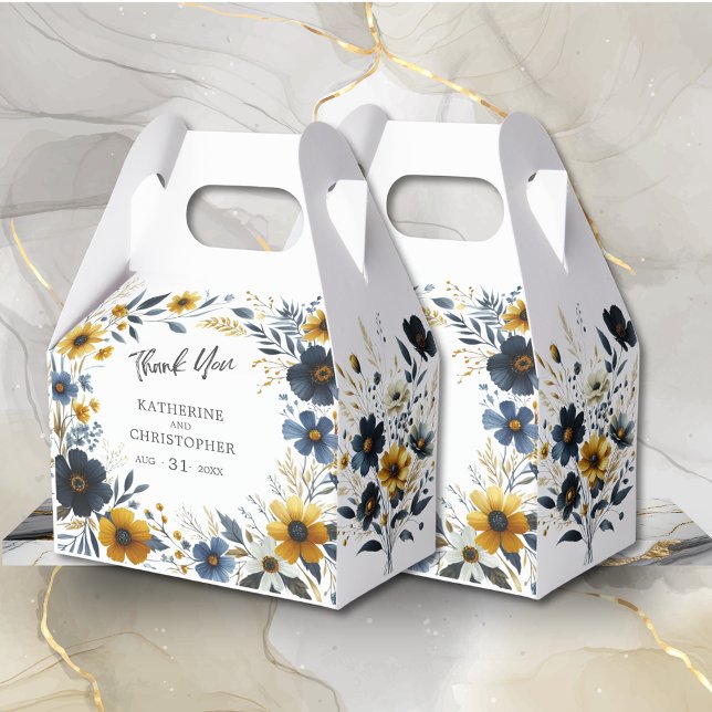 Ballotins Fleurs sauvages Bleu Jaune Élégant Grand Mariage (Watercolor Floral Large Wedding Favor Box with Blue and Yellow Wildflowers, Wedding Info, QR Code.)