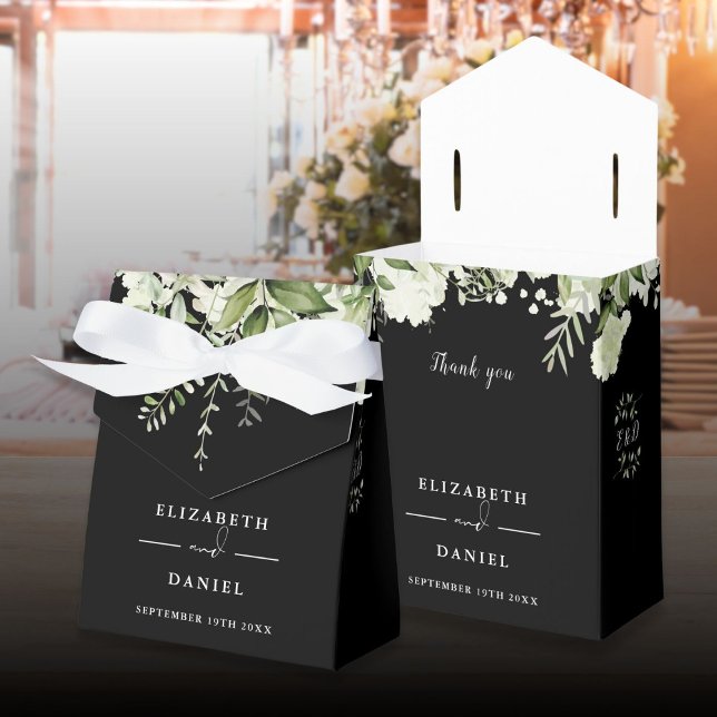 Ballotins Floral Verdure Monogramme Mariage noir et blanc (Floral Greenery Monogram Black And White Wedding Favor Boxes)