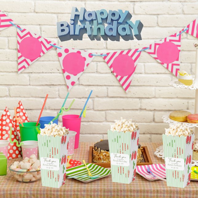 Ballotins Fraise colorée et rayures vertes Anniversaire (Thank you for comming to birthday party. Strawberry pattern with sage greens stripes for your day.)