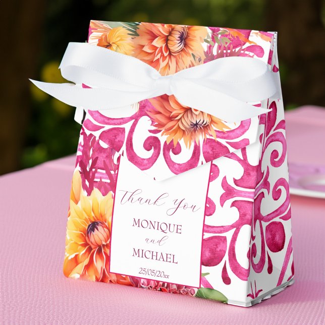 Ballotins Fuchsia Majolica carreaux orange dahlia modèle (Fuchsia Majolica tiles orange dahlia template Favor Box wedding favors elegant personalized)
