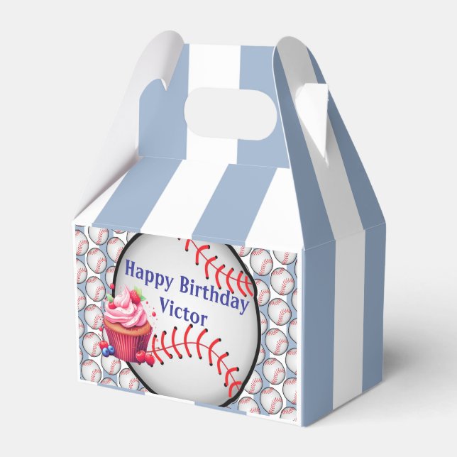 Ballotins Gable Favor Box Stripe Blue and White Baseball (Verso)