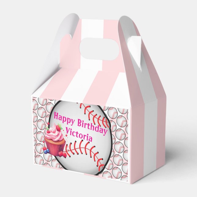 Ballotins Gable Favor Box Stripe Pink and White Baseball (Verso)