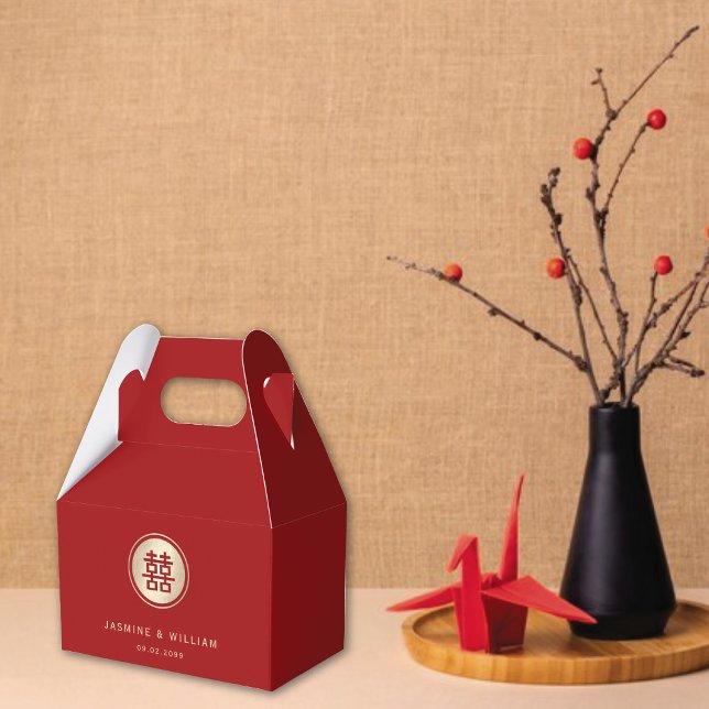 Ballotins Gold Circle Double Bonheur Chic Mariage chinois (Red/Gold Classic Circle Double Happiness Chinese Wedding Party Favor Box @ fatfatin_red_knot)