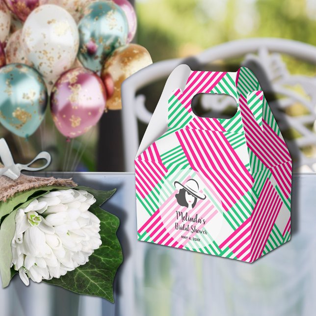 Ballotins Grand Casquette Derby Lady Hot Rose Vert Trappes G (Big Derby hat lady on hot pink and green diagonal stripes gable style bridal shower favor boxes)