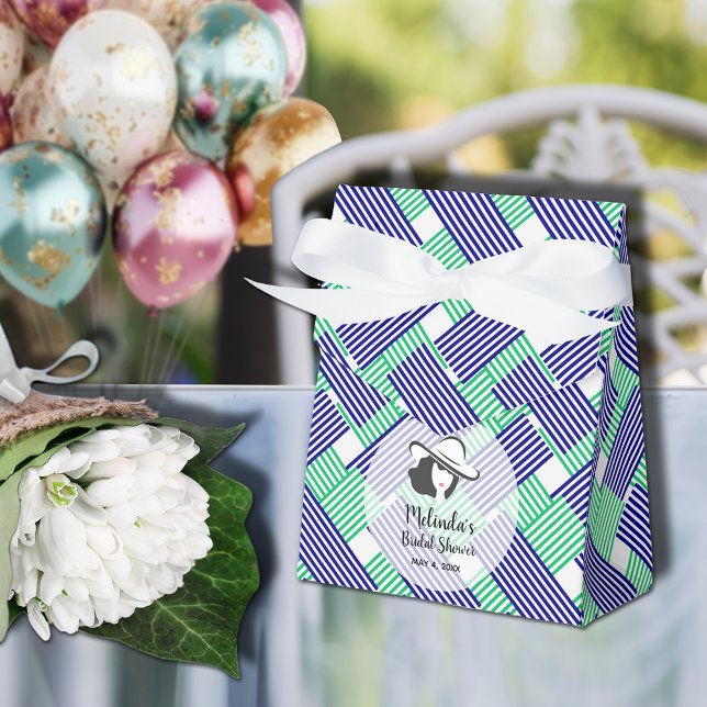 Ballotins Grand Chapeau Fête de Mariage Tente Rayures Vert e (Big Derby hat lady on blue and green diagonal stripes ribboned tent style bridal shower favor boxes)