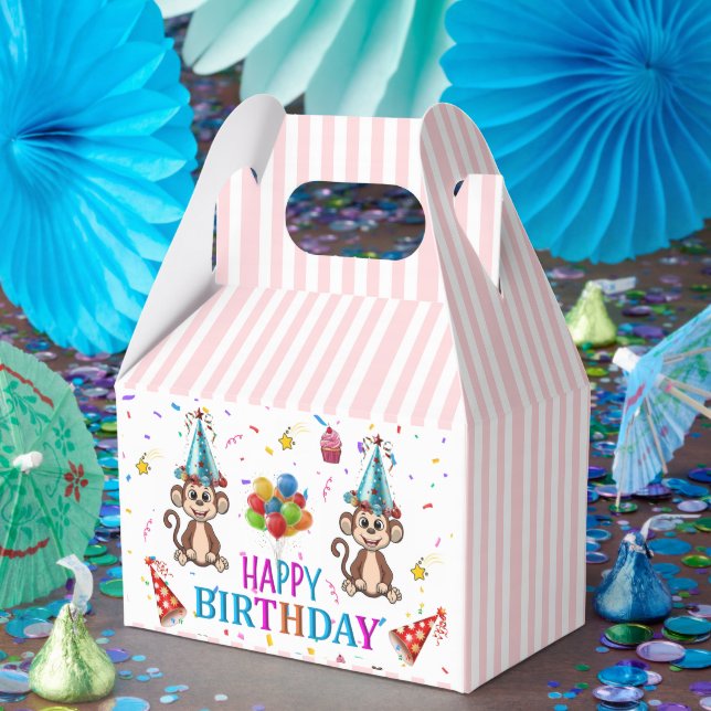Ballotins Happy Birthday Gable Favor Box Pink Stripe Monkeys (Fête)