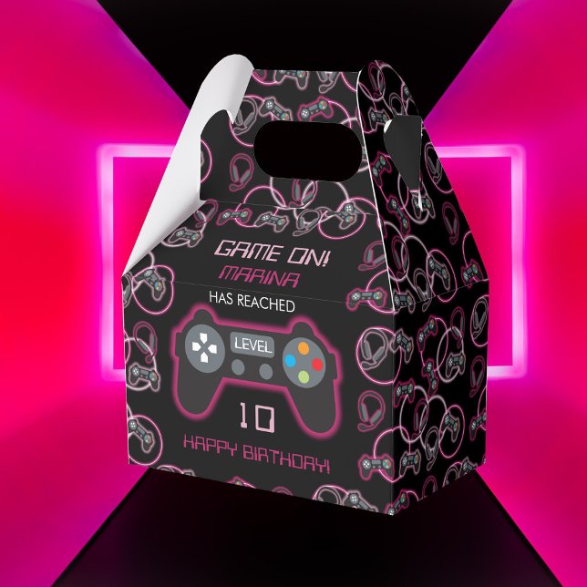 Ballotins Jeu vidéo Neon Rose Girls Anniversaire (Video Game Neon Pink Girls Birthday Party Favor Box)