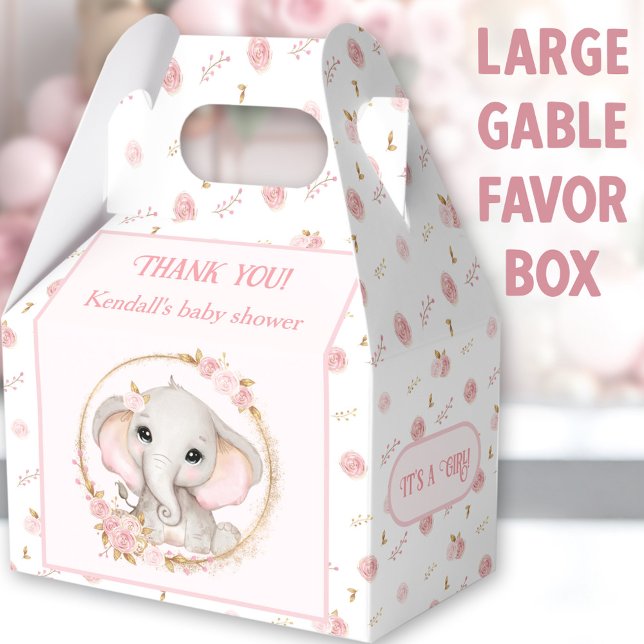 Ballotins Joli Eléphant rose Fleurs Baby shower Grand (Cute Elephant Large Gable Favor Boxes - You can choose from 3 sizes of these gable favor boxes)