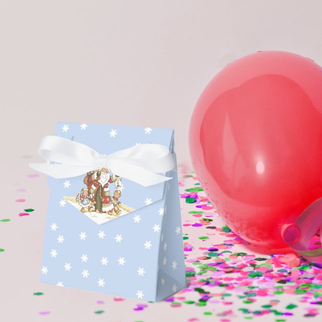 Ballotins Jote Père Noël Folk Art Kids Christmas Snowflakes (Santa Clause with little children white snowflakes on light blue Christmas favor box with bow.)