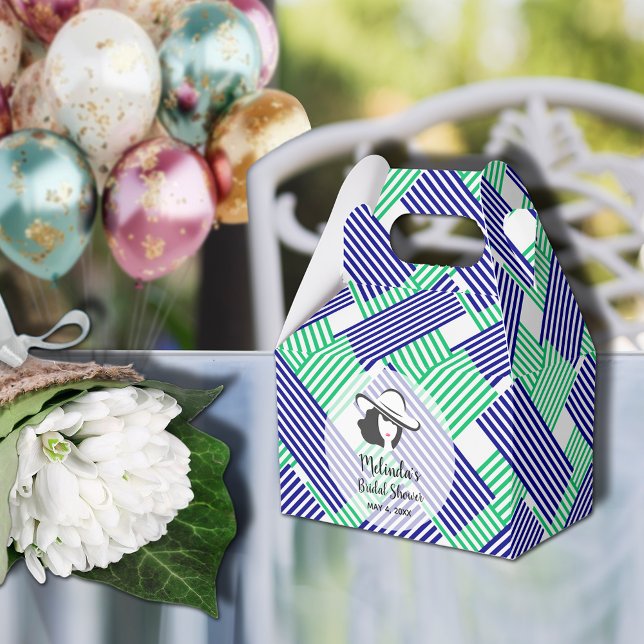 Ballotins Lady Grand Chapeau Derby Fête de Mariage Gable (Big Derby hat lady on blue and green diagonal stripes gable style bridal shower favor boxes)