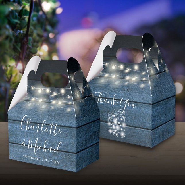 Ballotins Lumières de chaîne en bois bleu rustique Mariage (Rustic Blue Wood String Lights Wedding Favor Box)