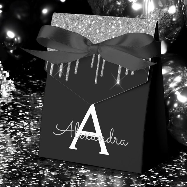 Ballotins Luxueuse Glitter Glam Monogramme Nom Argent Noir (Créateur téléchargé)