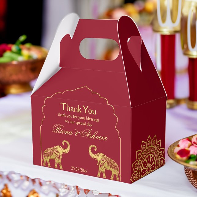 Ballotins Mandala d'or indien, marron mariage hindou (Indian Hindu wedding maroon gold mandala elephant personalized Favor Box)