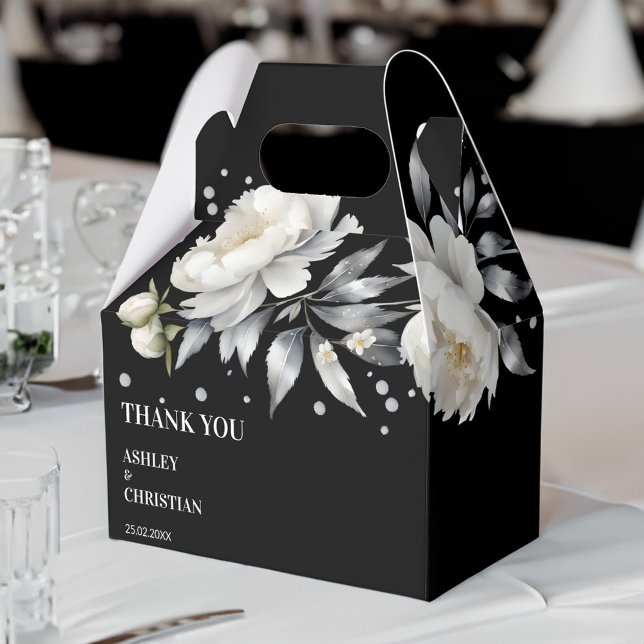 Ballotins Mariage boho noir et blanc (Black and white elegant boho white peonies wedding favor box personalized favor boxes black)