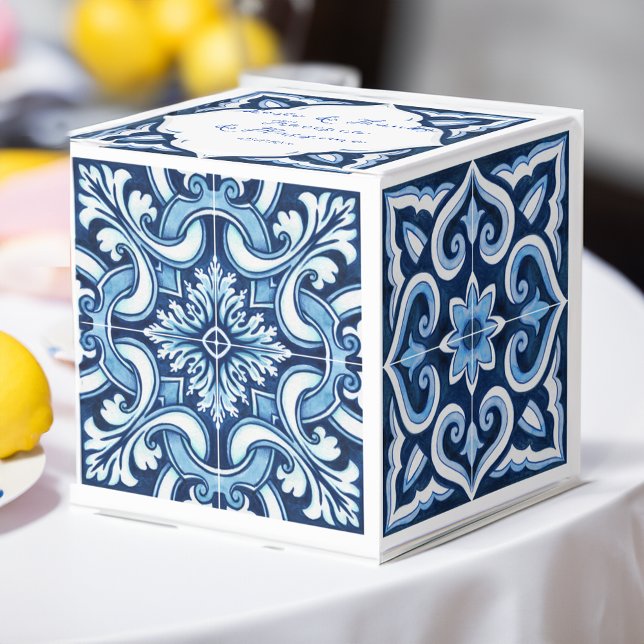 Ballotins Mariage carrelage méditerranéen bleu ballotin (Wedding sweet favor box blue Mediterranean Majolica tiles wedding favor gift box wedding favors)