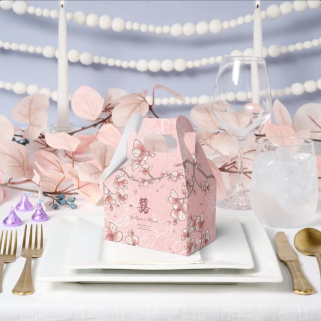 Ballotins Mariage chinois à deux fleurs de pêche (Pink Peach Blossoms Double Happiness Elegant Chinese Wedding Favor Boxes @ fatfatin_red_knot)