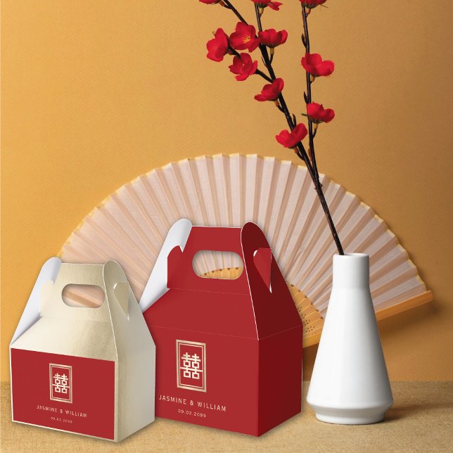 Ballotins Mariage chinois à double bonheur (Gold/Red Classic Rectangle Double Happiness Chinese Wedding Party Favor Boxes @ fatfatin_red_knot)
