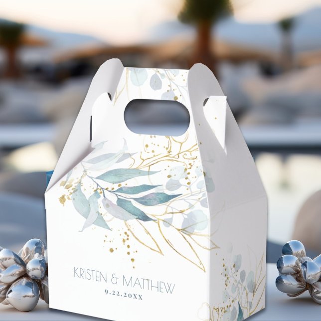Ballotins Mariage d'accentuation or couleur bleu-Dusty (Our Elegant Botanical Watercolor Dusty Blue with Gold Wedding Favor Box has a bohemian feel.)