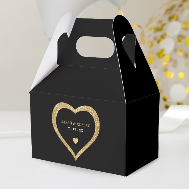 Ballotins Mariage de coeur de Parties scintillant Black & Go (Black & Gold Glitter Heart Wedding Favor Box)