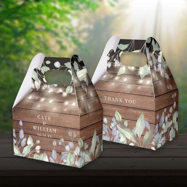 Ballotins Mariage de feuillage en bois rustique (Rustic Wood String Lights Foliage Wedding Favor Box)