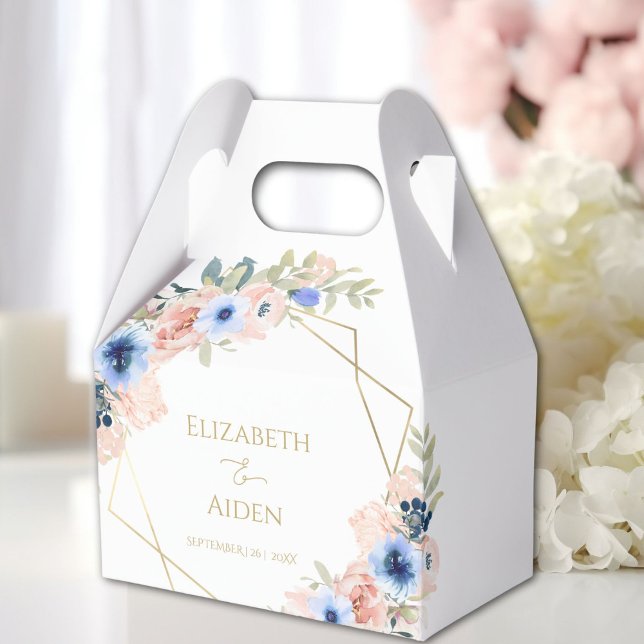 Ballotins Mariage de fleurs bleues (Peach blue flowers wedding THANK YOU favor boxes with your name and date.)