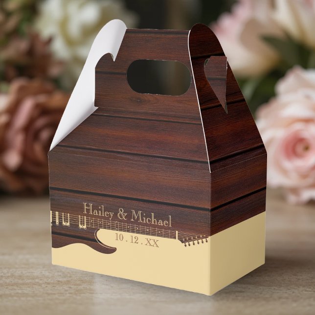Ballotins Mariage de guitare Brown en bois rouge et bronze (Red Wood & Tan Brown Guitar Wedding Favor Boxes
)