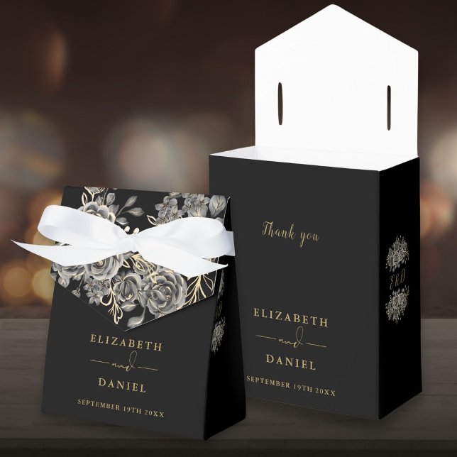 Ballotins Mariage de monogramme gothique noir et or (Gothic Black And Gold Floral Monogram Wedding Favor Box)