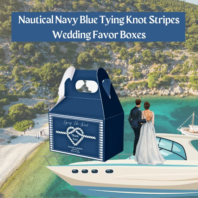 Ballotins Mariage de noeud d'attache bleu marine (Nautical Navy Blue Tying Knot Stripes Wedding Favor Box)