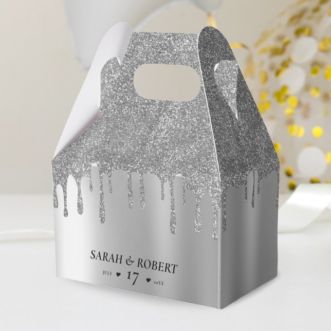 Ballotins Mariage de Parties scintillant argent (Silver Glitter Drip Wedding Favor Box)