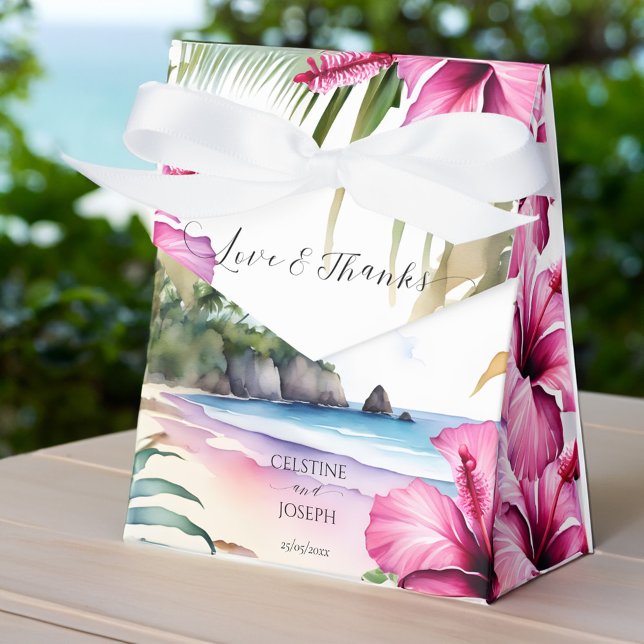 Ballotins Mariage de plage tropicale faveurs personnalisées (Tropical beach wedding favors personalized favor box tropical island pink hibiscus favor box)