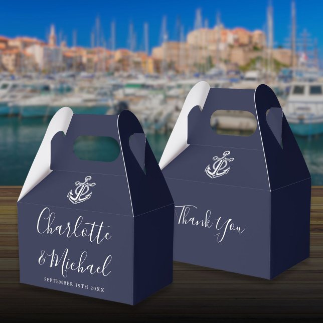 Ballotins Mariage de script de signature nautique bleu marin (Navy Blue Nautical Signature Script Wedding Favor Boxes)