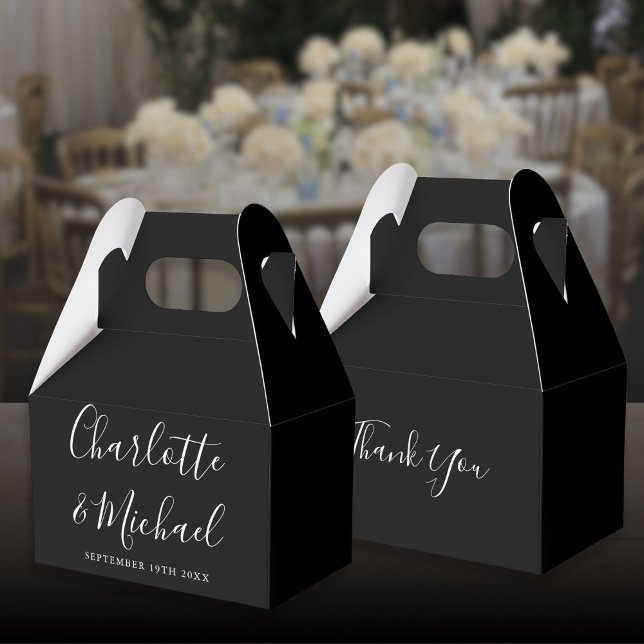 Ballotins Mariage de script de signature noir et blanc éléga (Black And White Elegant Signature Script Wedding Favor Boxes)