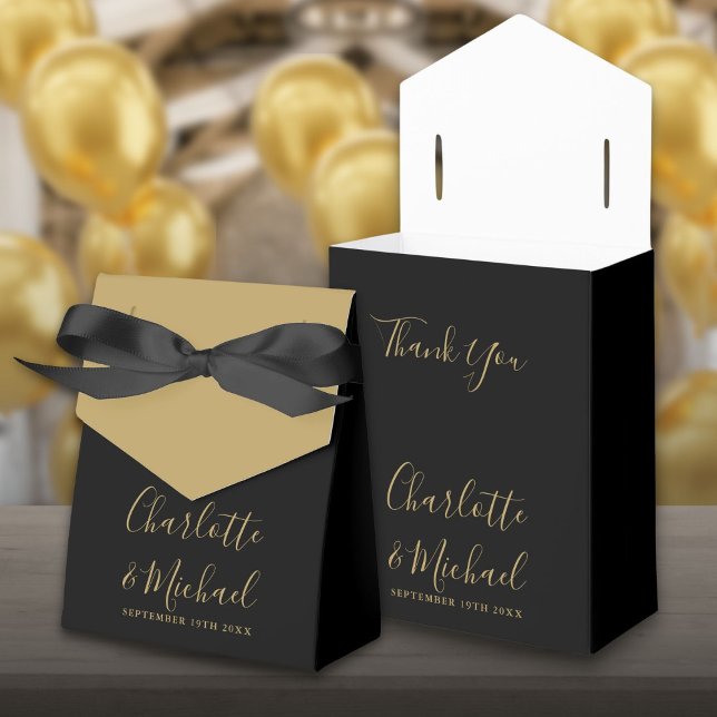 Ballotins Mariage élégant avec écriture dorée et noire (Elegant Gold And Black Script Wedding Favor Box)