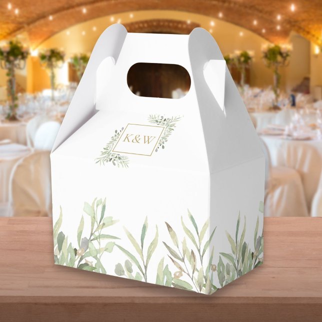 Ballotins Mariage élégant avec monogramme doré et verdure (Elegant Gold Monogram Greenery Wedding Favor Box)
