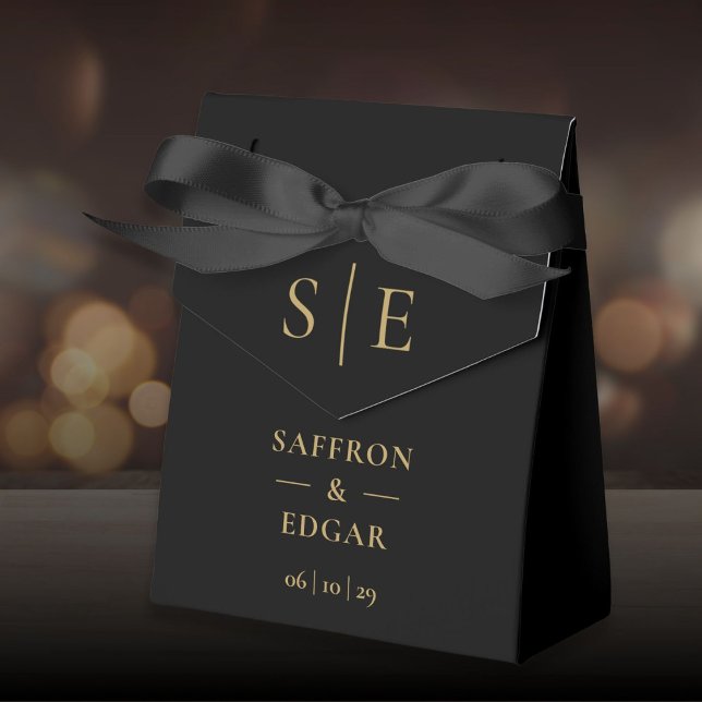Ballotins Mariage Élégant Monogramme Noir et Or (Elegant Black And Gold Monogram Wedding Favor Boxes)