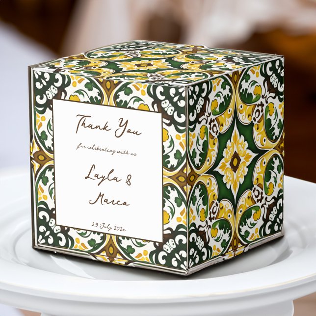 Ballotins Mariage en carreaux vintage Talavera jaune vert (Green yellow vintage Mediterranean Talavera Azulejo tile personalized printed wedding Favor Boxes )